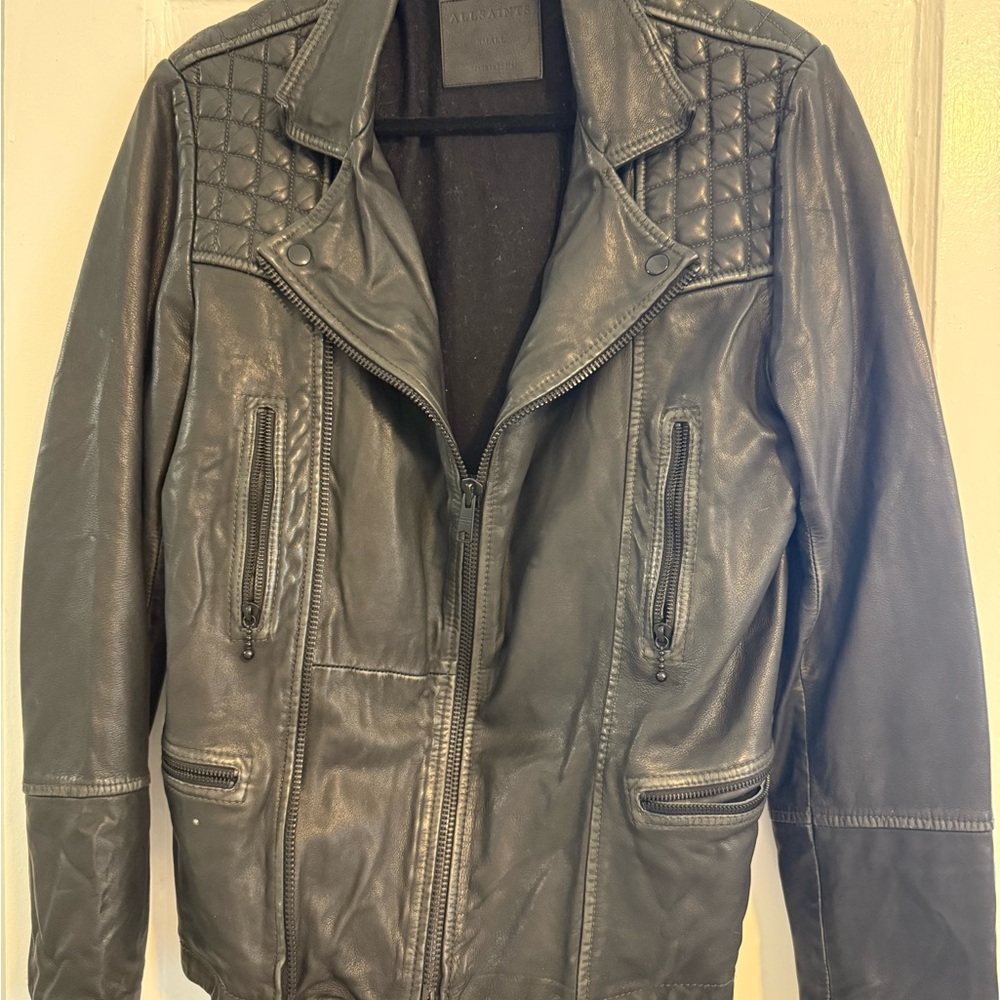All Saints Black Bomber Jacket with Quilted Details